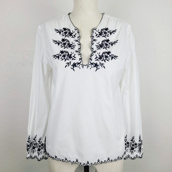 Sundance Tops - Sundance Blouse 10 White Black Cotton Embroidered Boho V-Neck Lightweight Top